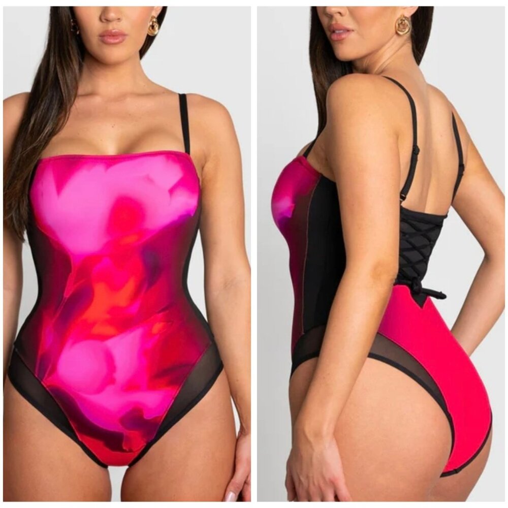 New TA3 - S Reg/L Squarey Mesh Contour Hot Pink hyperfloral/black Women's Swim